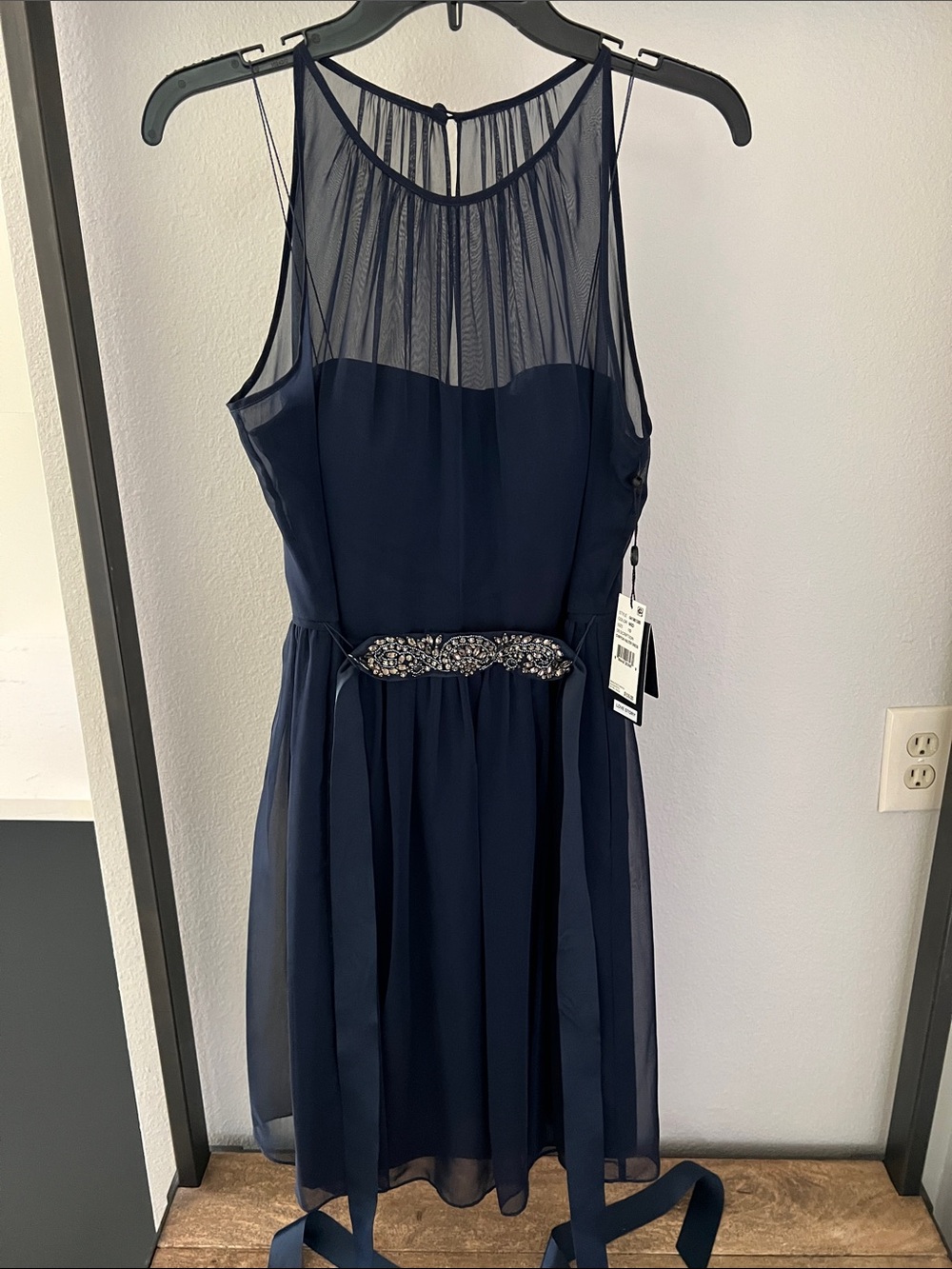 Adrianna Papell Navy Sleeveless Midi Dress with Beaded Waist